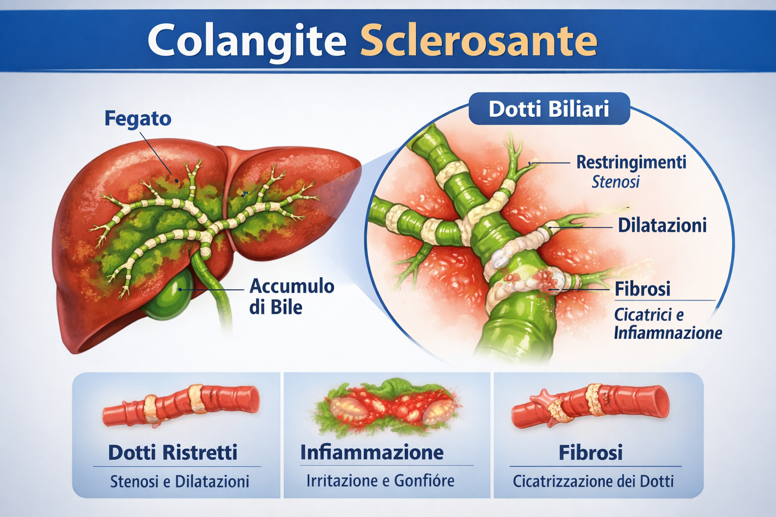 Illustrazione anatomica dei dotti biliari colpiti dalla Colangite Sclerosante Primitiva: fibrosi e stenosi progressiva