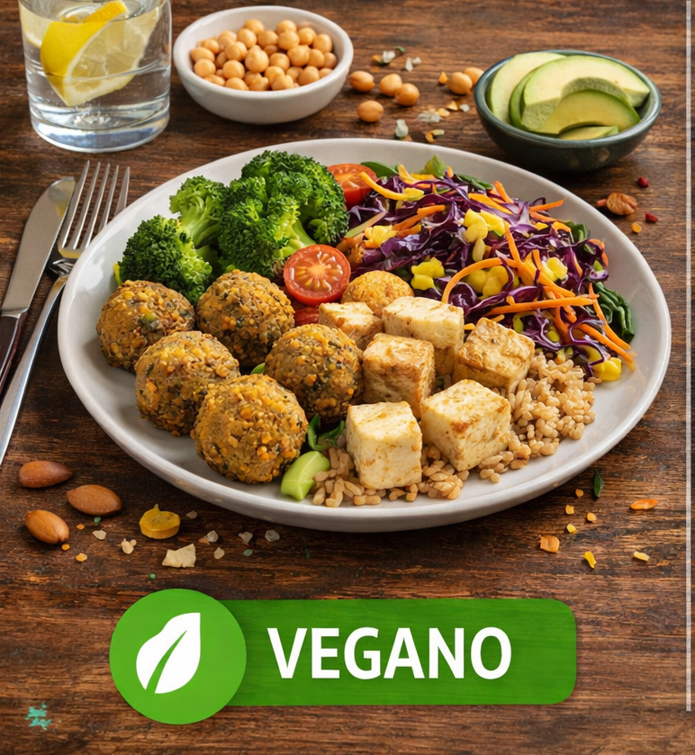 Piatto vegano colorato e completo con legumi, tofu, verdure, semi oleosi e cereali