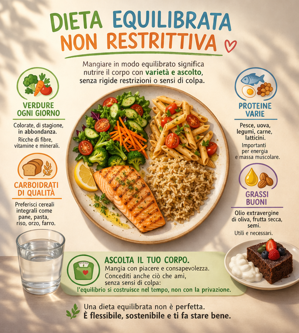 Piatto colorato con alimenti freschi che rappresenta una dieta equilibrata e non restrittiva
