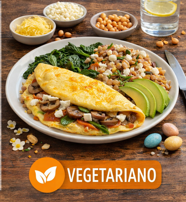 Piatto vegetariano equilibrato con verdure, legumi, cereali integrali, uova e latticini