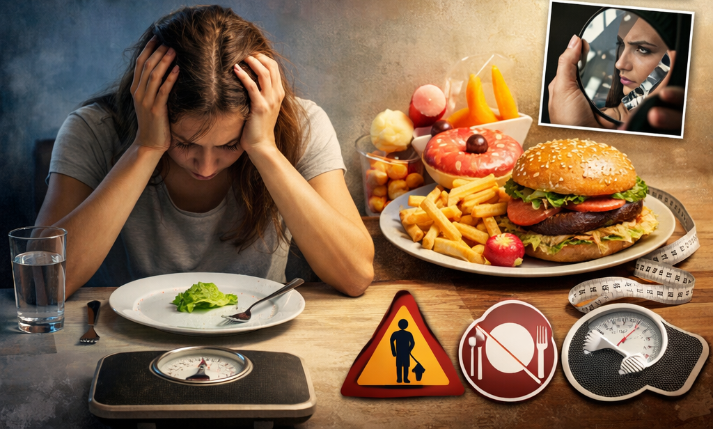 Illustrazione dei principali disturbi del comportamento alimentare: anoressia, bulimia, binge eating disorder