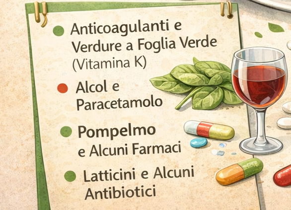 Interazioni tra cibo e farmaci: schema visivo di assorbimento e metabolismo